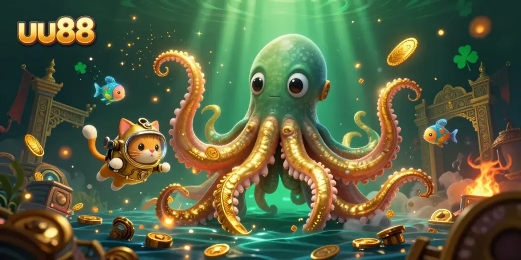 Experience thrilling gameplay at uu88 with a captivating kraken and diving cat in a lush gambling scene.