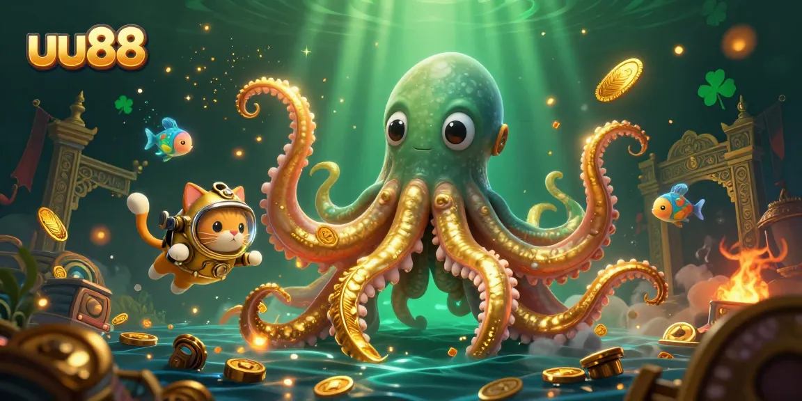 Experience thrilling gameplay at uu88 with a captivating kraken and diving cat in a lush gambling scene.