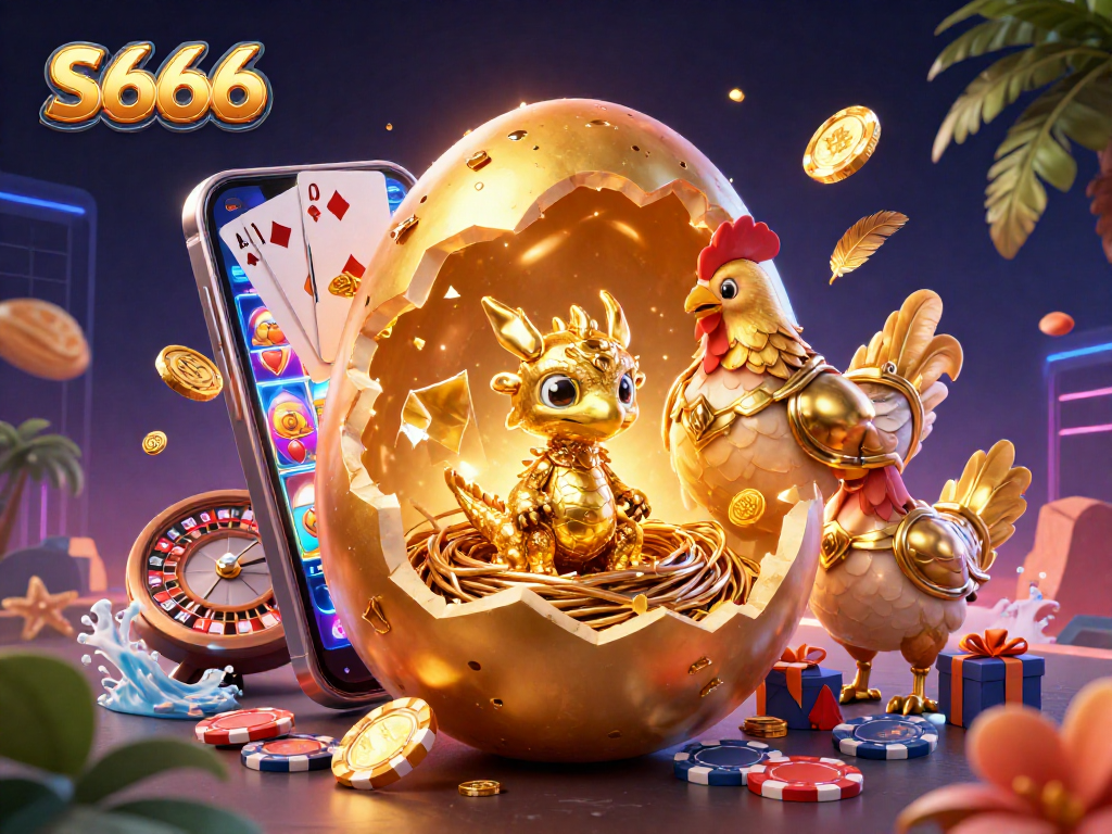 S666 offers thrilling gameplay with a baby dragon emerging from a golden egg among poker chips and slot games.