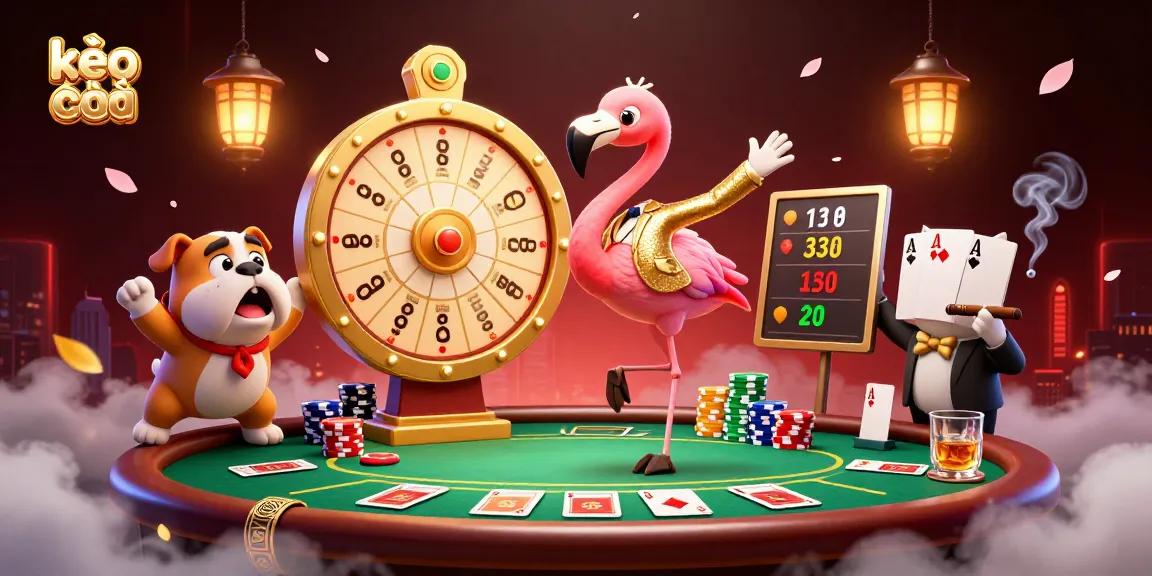 Excited bulldog contests kèo nhà cái as a flamingo spins a golden prize wheel in a vibrant casino scene.
