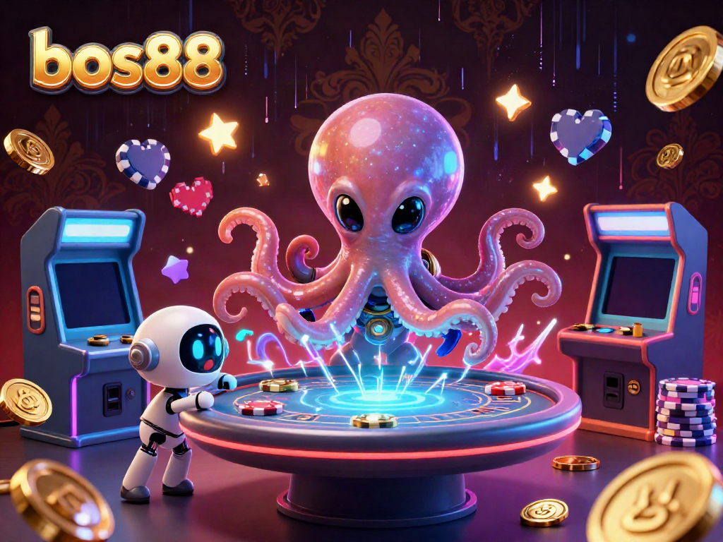Experience the vibrant world of bos88 with an alien octopus and robotic companion at a holographic poker table.