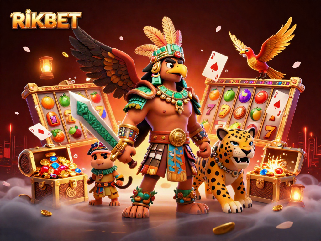 Experience vibrant slots excitement with RIKBET's dynamic Aztec warriors and golden treasure.