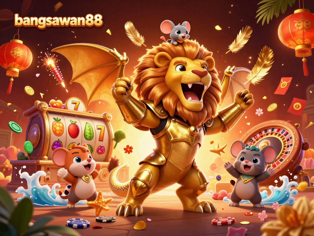 Bangsawan88 showcases a packed casino adventure with a chimera and a mouse jockey, featuring slot reels and festive elements.