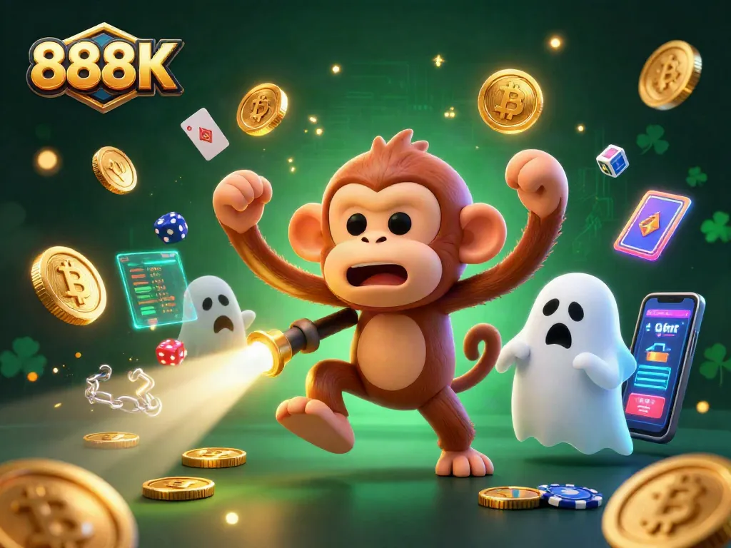 Win big with 888K in a lively casino scene filled with neon crypto coins and playful characters.