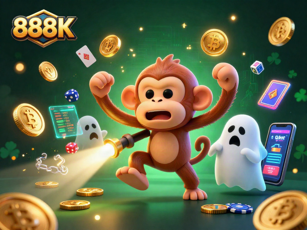 Win big with 888K in a lively casino scene filled with neon crypto coins and playful characters.