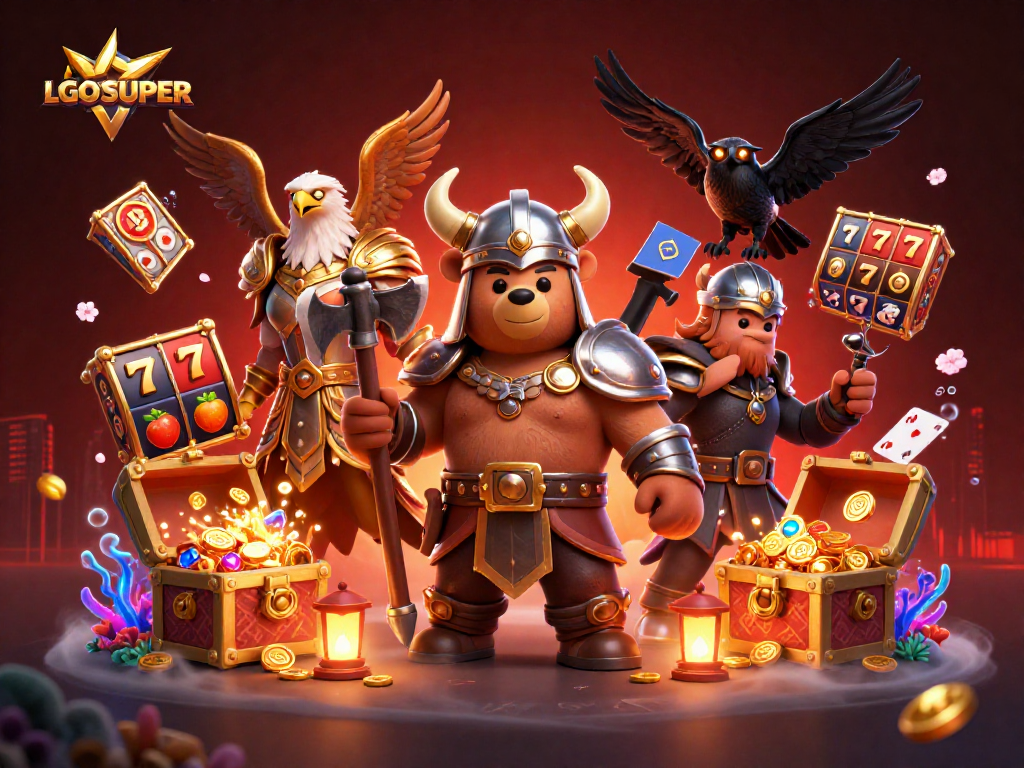 Spin the reels at LGOSUPER with a dynamic 3D illustration showcasing thrilling casino elements and vibrant characters.