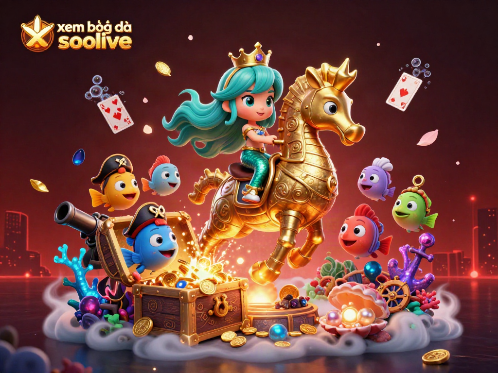 Experience xem bóng đá socolive with vibrant 3D illustrations of a mermaid and seahorse in a dynamic underwater scene.