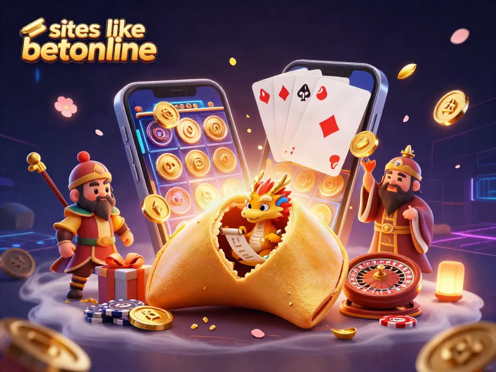 Experience gaming thrills with sites like betonline featuring golden coins, mobile slots, and dynamic casino characters.