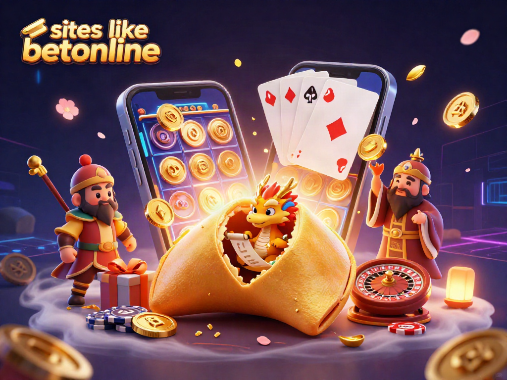 Experience gaming thrills with sites like betonline featuring golden coins, mobile slots, and dynamic casino characters.