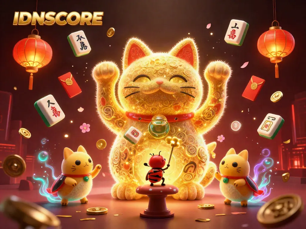 Experience the excitement of IDNSCORE with golden fireflies, lucky cat, and casino symbols in a vibrant 3D scene.