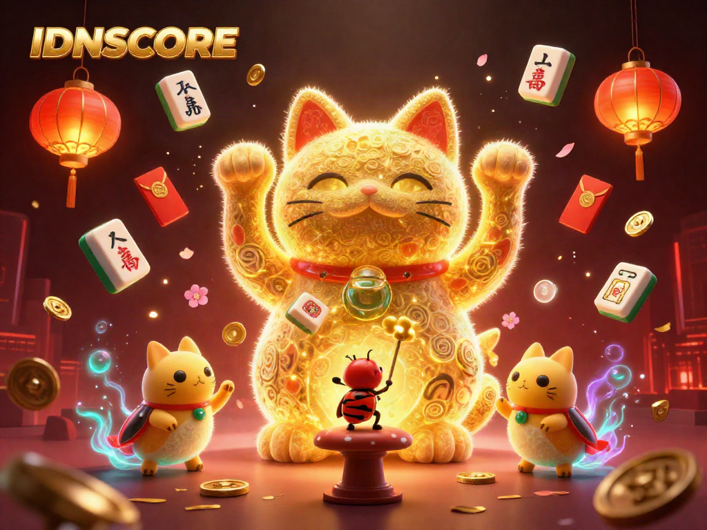 Experience the excitement of IDNSCORE with golden fireflies, lucky cat, and casino symbols in a vibrant 3D scene.