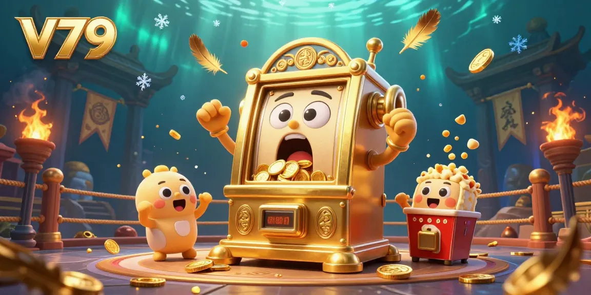 Experience the thrilling jackpot celebration at V79 with excited slot machines and golden coins showering down.