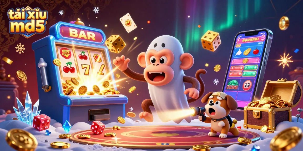 Engage with tài xỉu md5 as the playful poltergeist monkey juggles gold coins and casino elements in a vibrant casino.