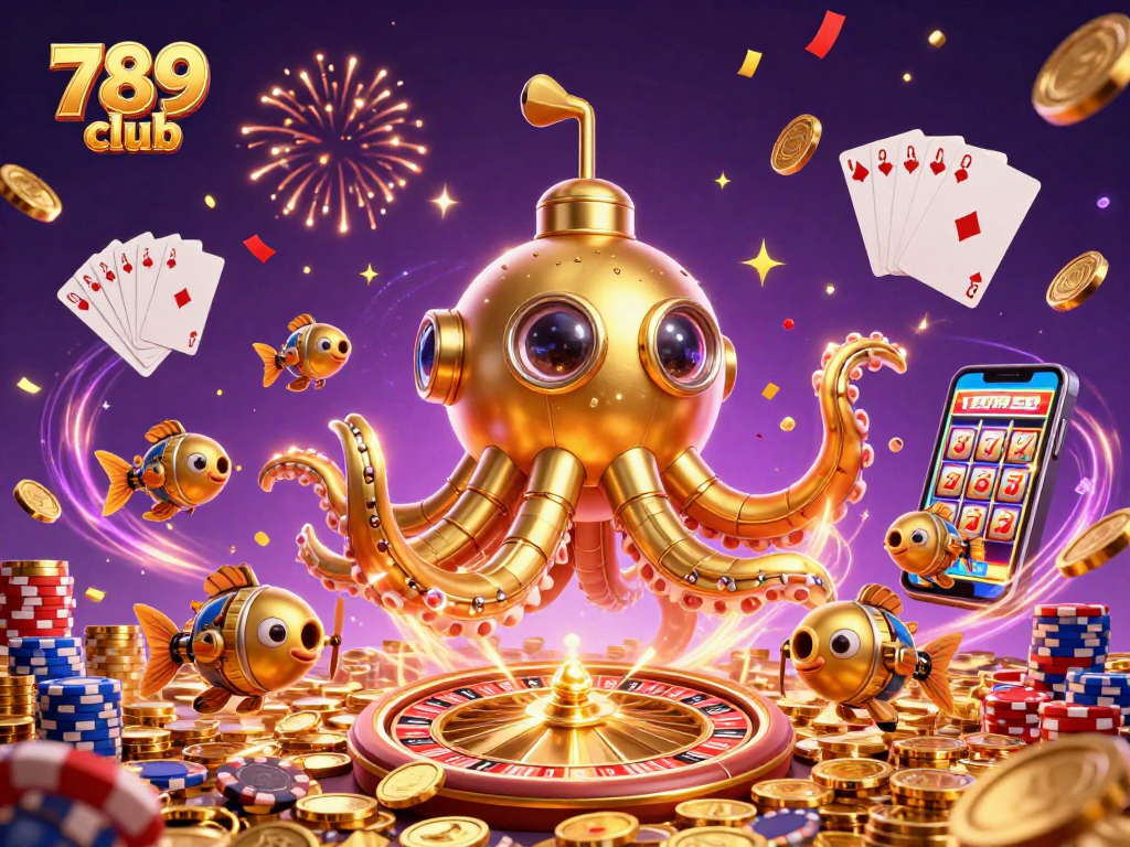 Experience thrilling gameplay with 789 club's golden kraken submarine amidst shimmering coins and casino delights.