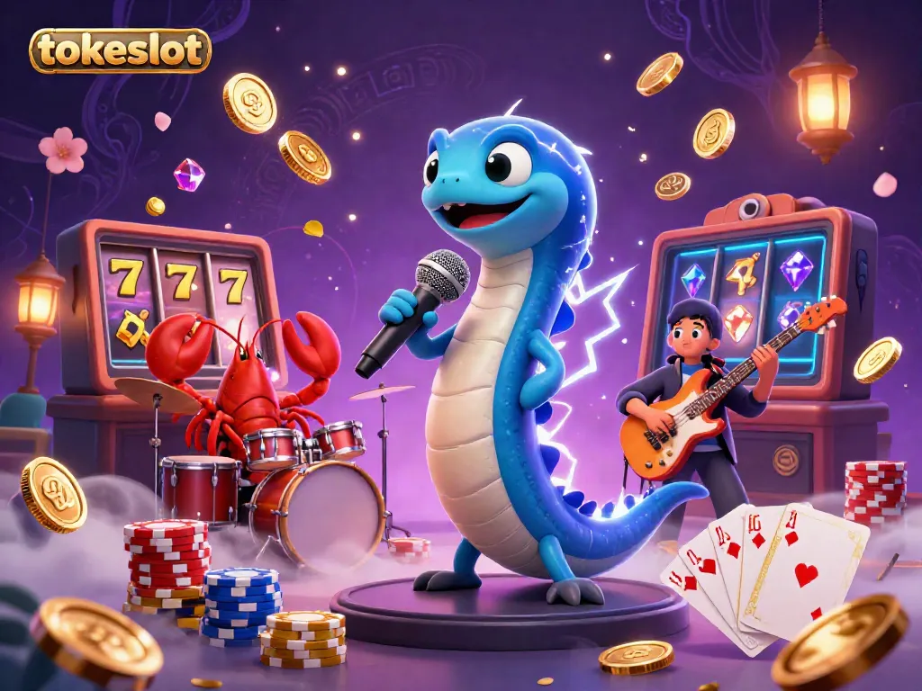 Tokeslot's thrilling underwater casino with electric eel DJ, lobster drummer, and seahorse guitarist amidst gleaming jackpots.