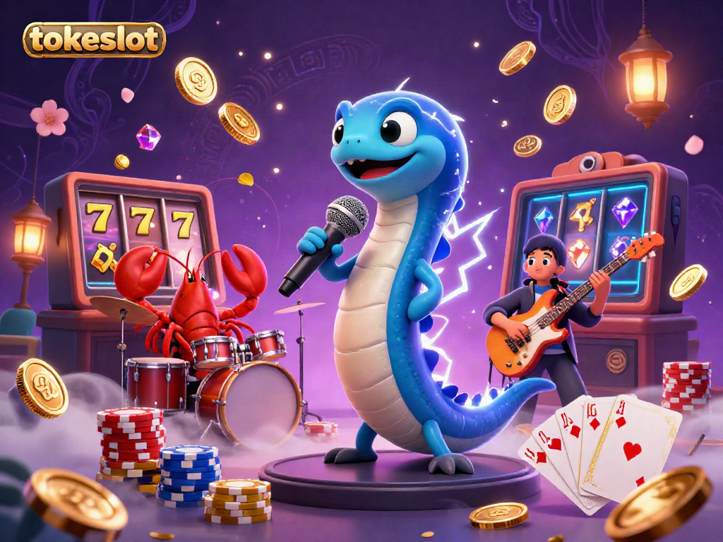 Tokeslot's thrilling underwater casino with electric eel DJ, lobster drummer, and seahorse guitarist amidst gleaming jackpots.