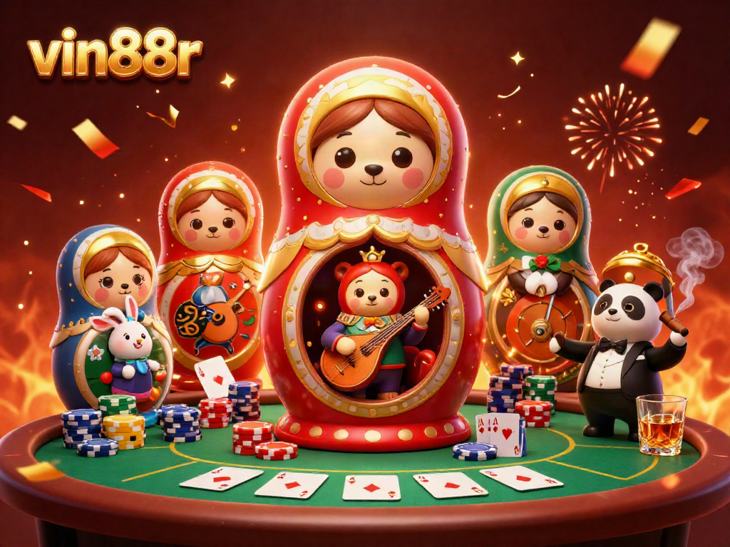 Experience vibrant gaming adventures at vin88r with our exciting casino scene featuring playful characters and thrilling action.