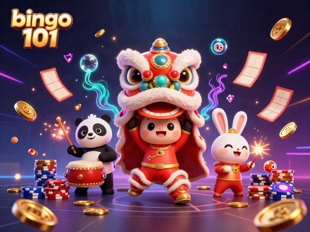 Bingo 101 characters animatedly presenting bingo elements with rewards, showcasing vibrant gaming atmosphere.