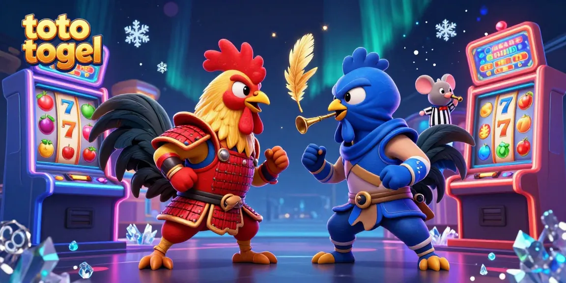 Engage in toto togel action with fighting roosters, slots, and vibrant arcade elements.