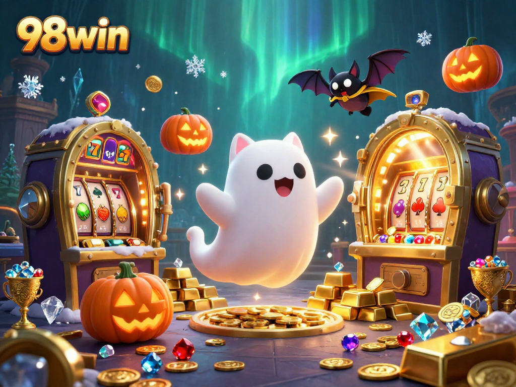 Win exciting rewards at 98win with a playful ghost cat and vampire bat in a vibrant casino scene