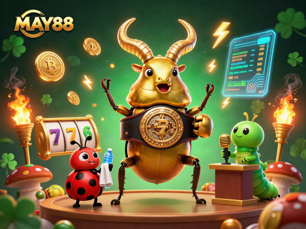 Engage in thrilling gameplay with MAY88, featuring exciting slot reels and vibrant 3D characters.