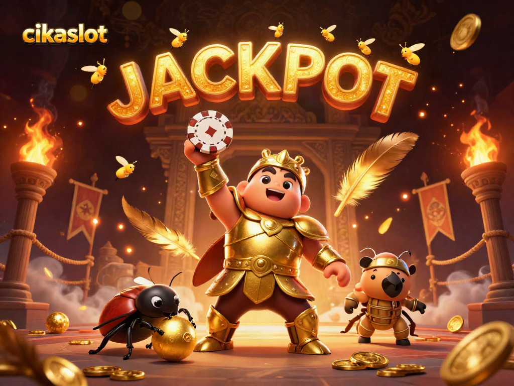 Experience cikaslot winning vibes with a victorious beetle champion at a vibrant casino arena.