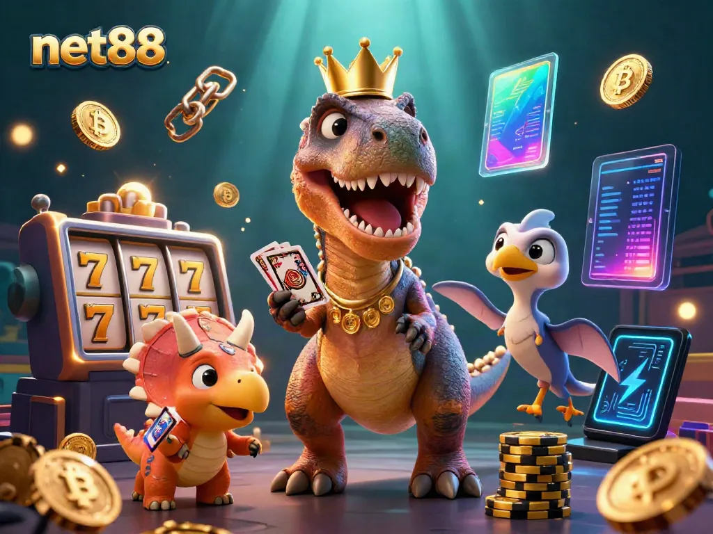 Players experience excitement at net88 with a friendly dinosaur shuffling cards, vibrant chips, and crypto coins.