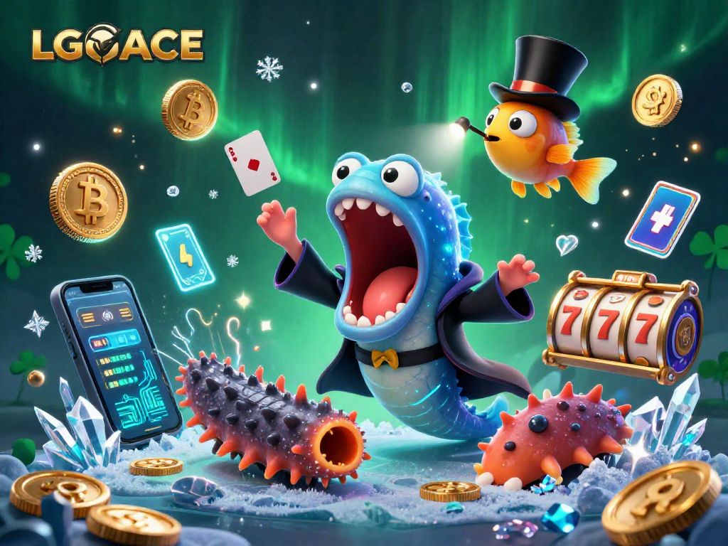 LGOACE features a vibrant 3D scene with a magical gambling theme and crypto elements.