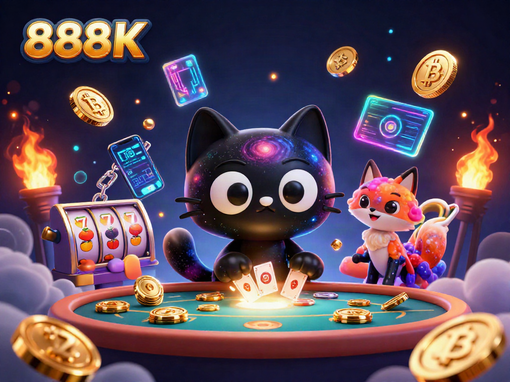 Experience thrilling gameplay at 888K with a cosmic illustration featuring vibrant characters and gaming elements.