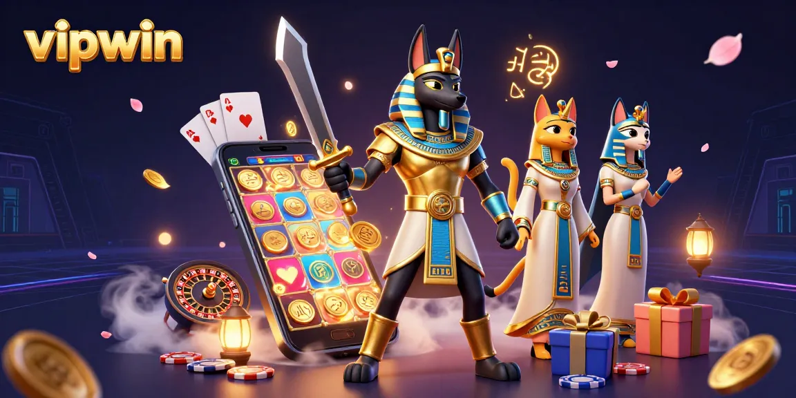 Experience thrilling gameplay at vipwin with ancient warrior characters amidst vibrant casino elements.