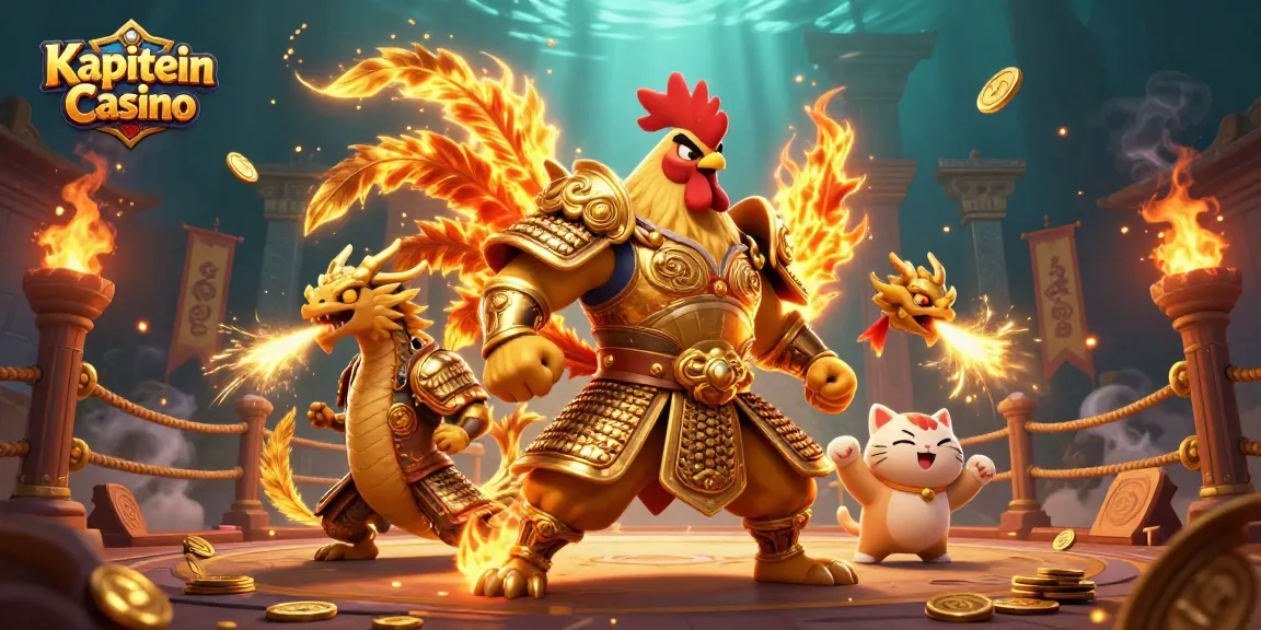 Kapitein Casino menampilkan petarung ayam 3D dan naga di arena perjudian yang megah.