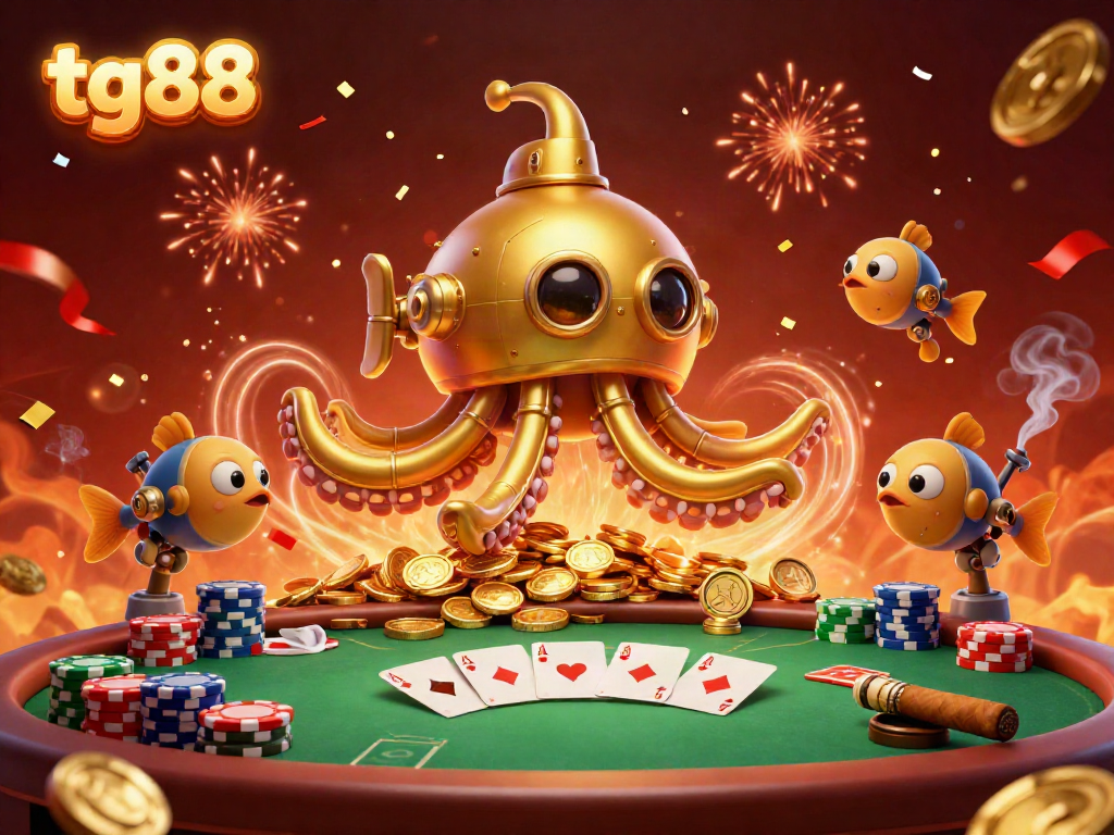 Engage with tg88 in an exciting casino scene featuring a golden kraken submarine and poker elements.
