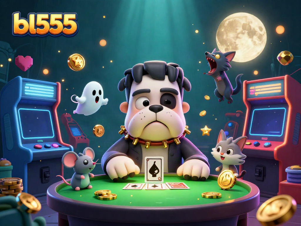 Experience the excitement of bl555 with a quirky casino scene featuring a Frankenstein bulldog dealing cards.