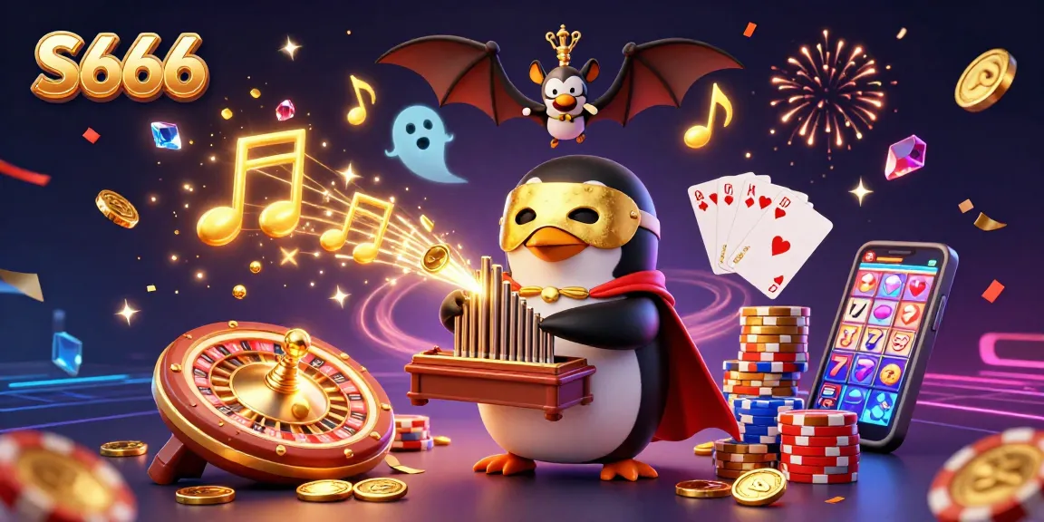 S666 promotes exciting casino gaming with golden coins, a phantom penguin, and festive elements.