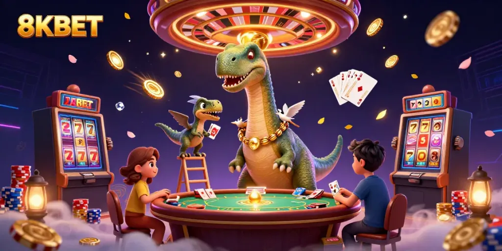 Experience thrilling casino action with 8KBET's vibrant illustration featuring card games and dynamic characters.