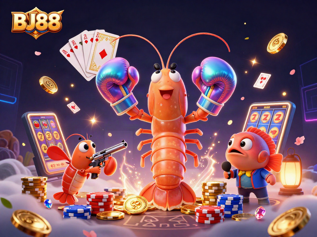BJ88 showcases intense gameplay with vibrant casino elements and vibrant shrimp characters in action.