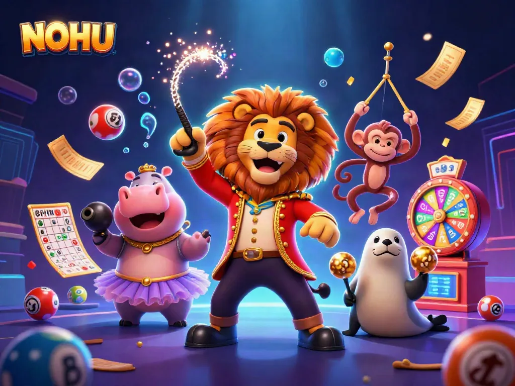 Experience the thrill of NOHU with a circus-themed casino scene featuring vibrant lottery balls and characters.