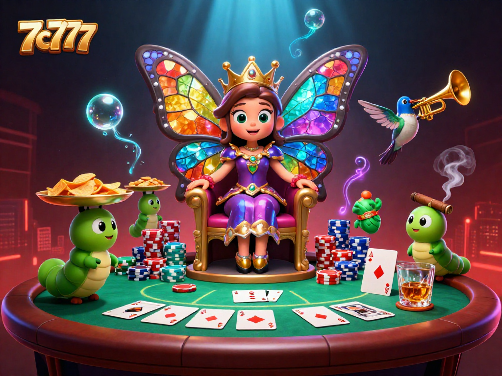 Engage in thrilling casino action with stunning 7c777 butterfly queen and poker elements.