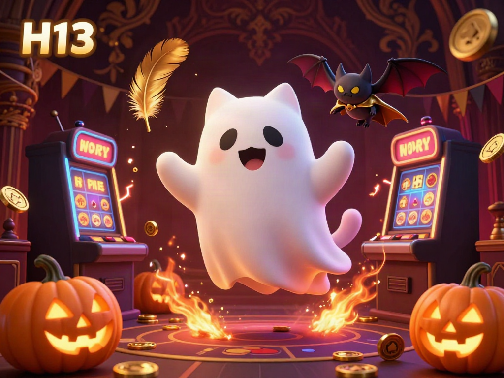 Engage with H13 as a friendly ghost cat haunts a vibrant casino scene with glowing jack-o-lanterns.