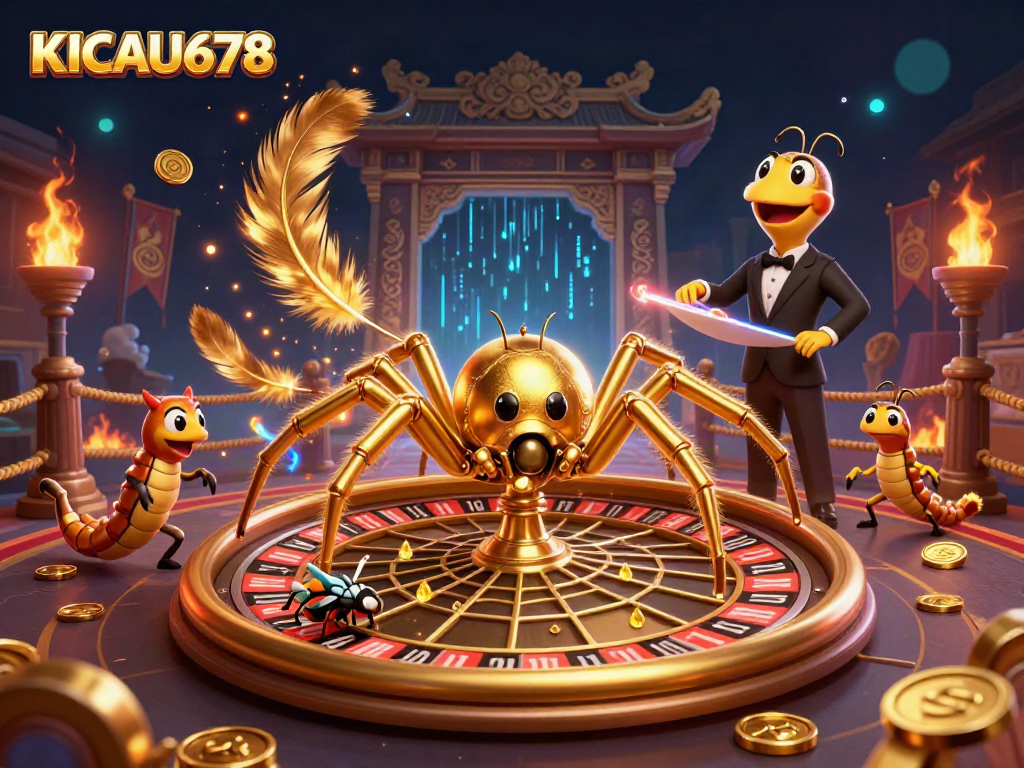 KICAU678 showcases a golden spider and centipede croupier at a roulette wheel, placing bets.