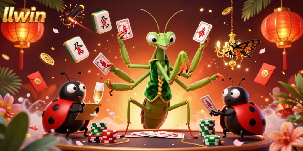 llwin's exhilarating casino experience featuring a cartoon mantis dealer and dynamic gaming elements