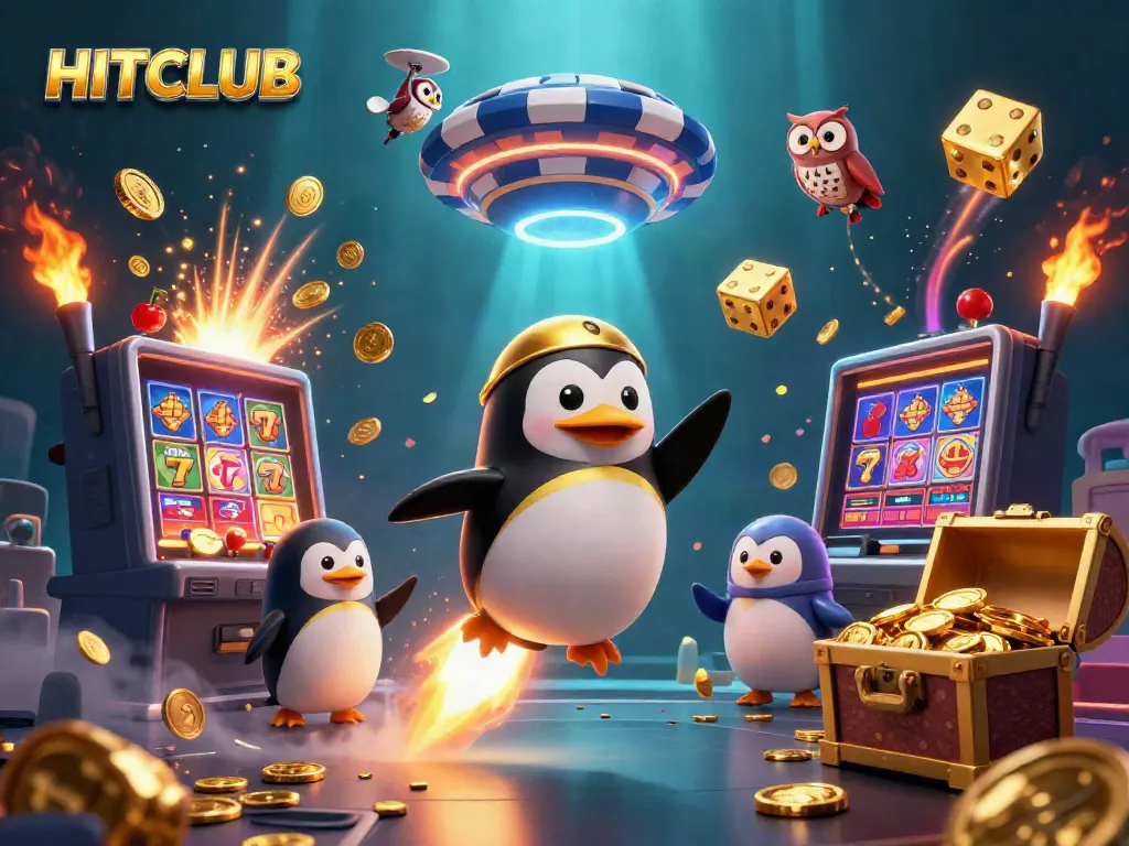 Experience the thrill of HITCLUB with a golden penguin soaring towards a casino space station.