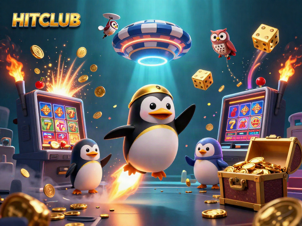 Experience the thrill of HITCLUB with a golden penguin soaring towards a casino space station.