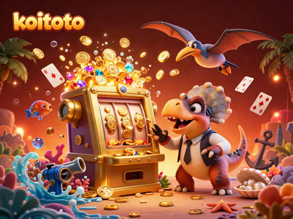 Koitoto offers thrilling slot action with a dynamic scene of a dinosaur, a casino manager, and flying coins.