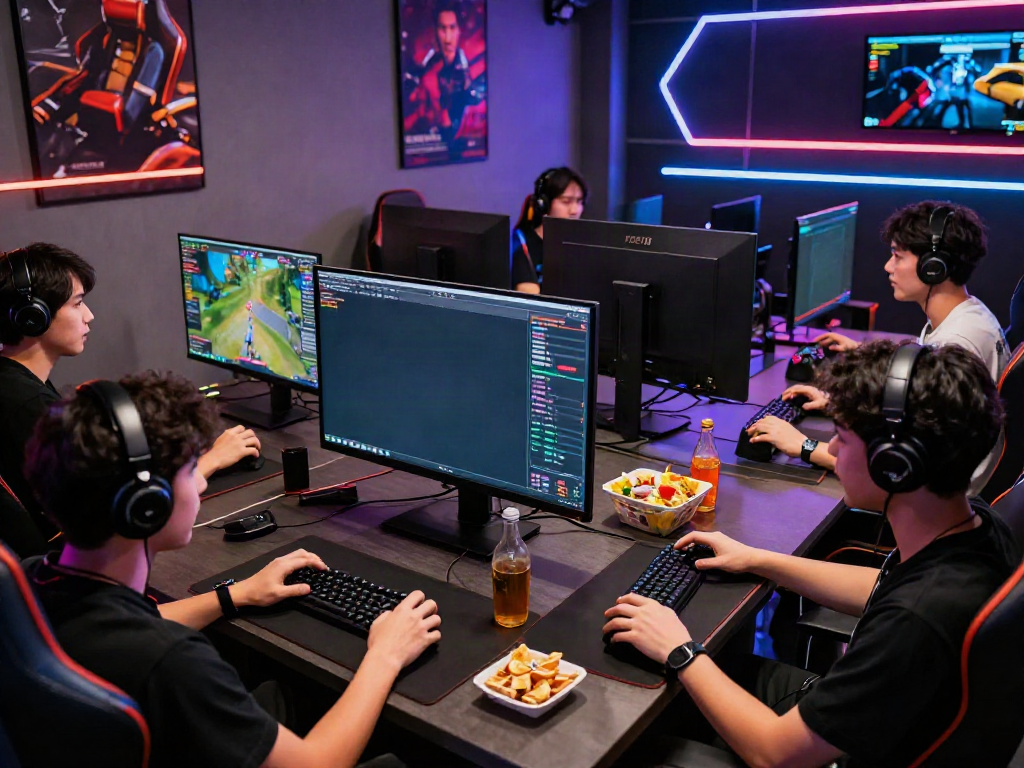 Excited players competing in online games on luxury111 in a vibrant gaming room.