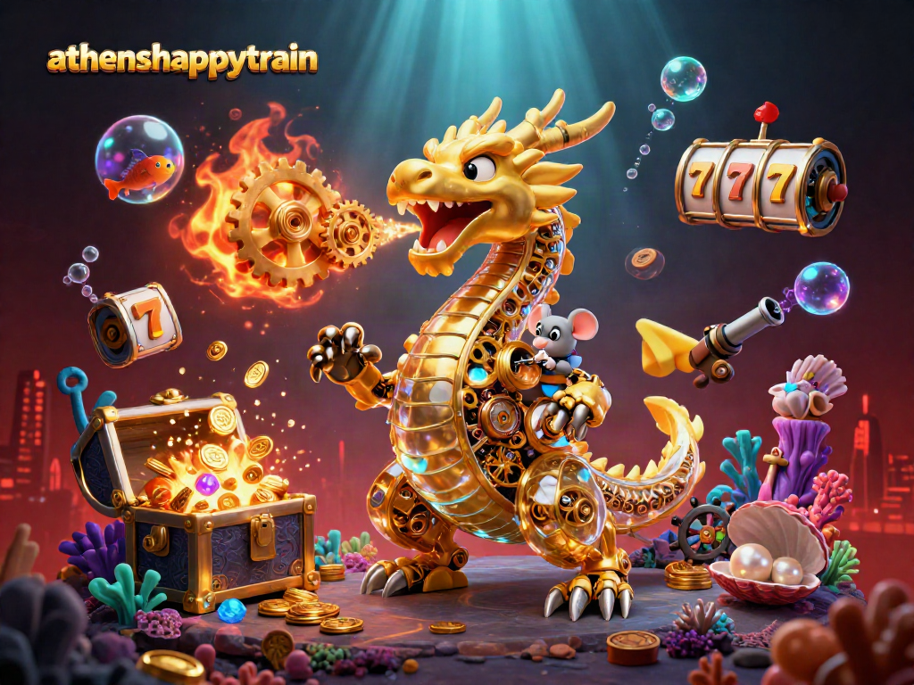 A dynamic scene showcasing athenshappytrain with a golden dragon and gaming elements amid underwater treasures.