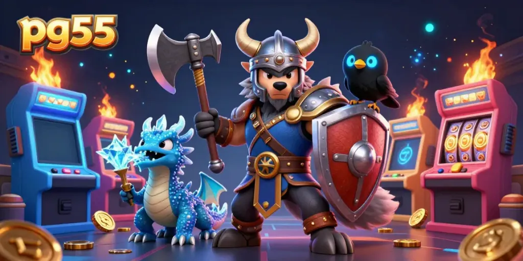 Engage in epic gameplay with pg55's cartoon Viking warrior, fierce dragon, and shimmering casino elements.