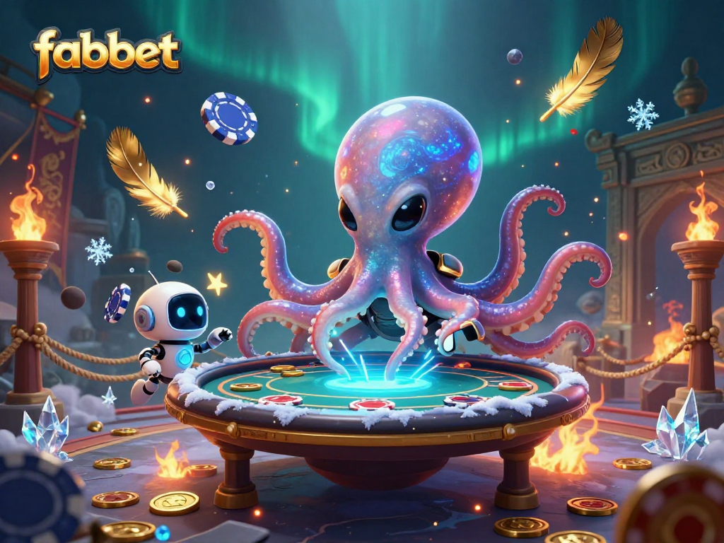 Play poker in fabet's vibrant alien casino with an octopus dealer and robot companion.