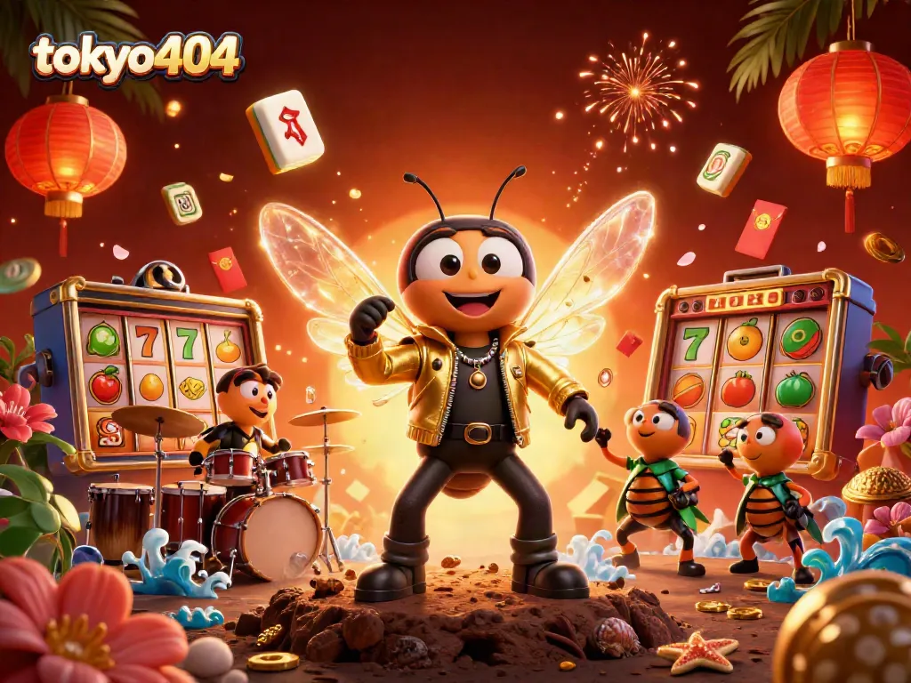 Feel the excitement of tokyo404 slots in a vibrant 3D casino illustration, featuring a rock star and drummer.