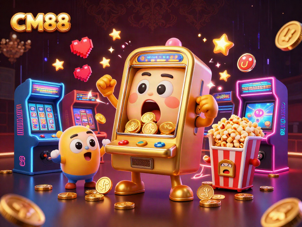 CM88 slot machine celebrating a jackpot with coins pouring out amidst a lively casino scene.